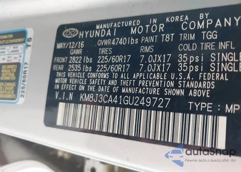 2016 Hyundai Tucson Se из США, поврежденный, VIN KM8J3CA41GU249727